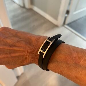 Hermes Double-Wrap Leather black Bracelet with Silver Buckle